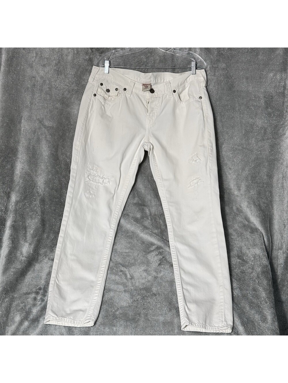 TRUE RELIGION Women’s Size 32 Cameron Skinny Jeans Distressed Button Fly White